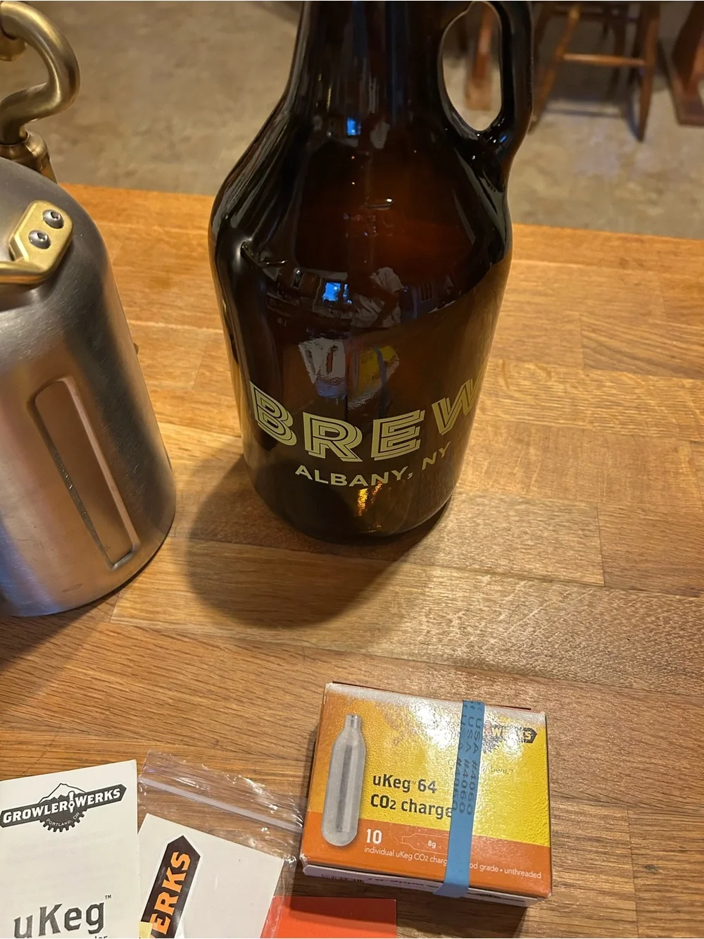 GrowlerWerks uKeg Stainless Steel Pressurized Growler - Silver and brass. 64
